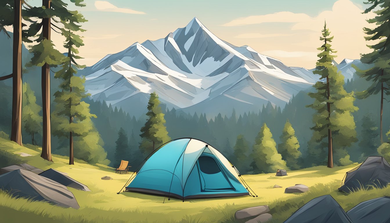 A campsite with a tent set up in a clearing surrounded by trees, with a mountain in the background and a clear sky overhead