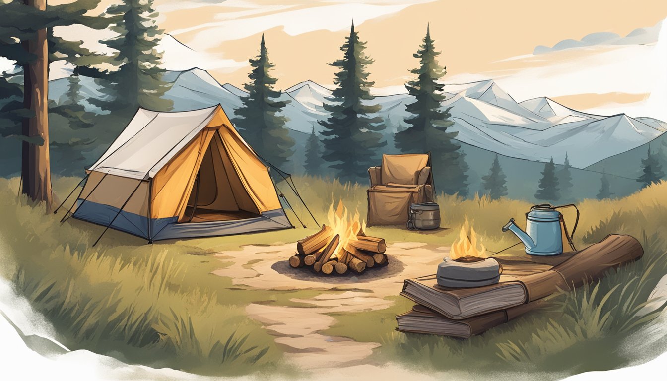 A cozy campsite with a crackling fire, a sturdy tent, and a clear sky. A weathered handbook lays open, surrounded by camping gear and nature