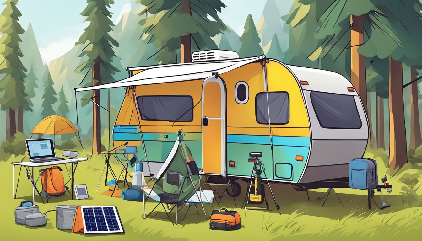 A colorful camping scene with a modern weather station, GPS device, and solar-powered gadgets. A camper checks a weather handbook while setting up a high-tech tent