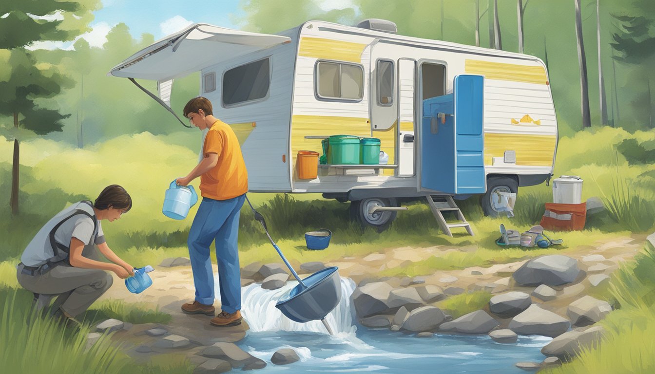 Clear blue sky, a camper fills a water jug from a flowing stream while another digs a small hole for waste disposal