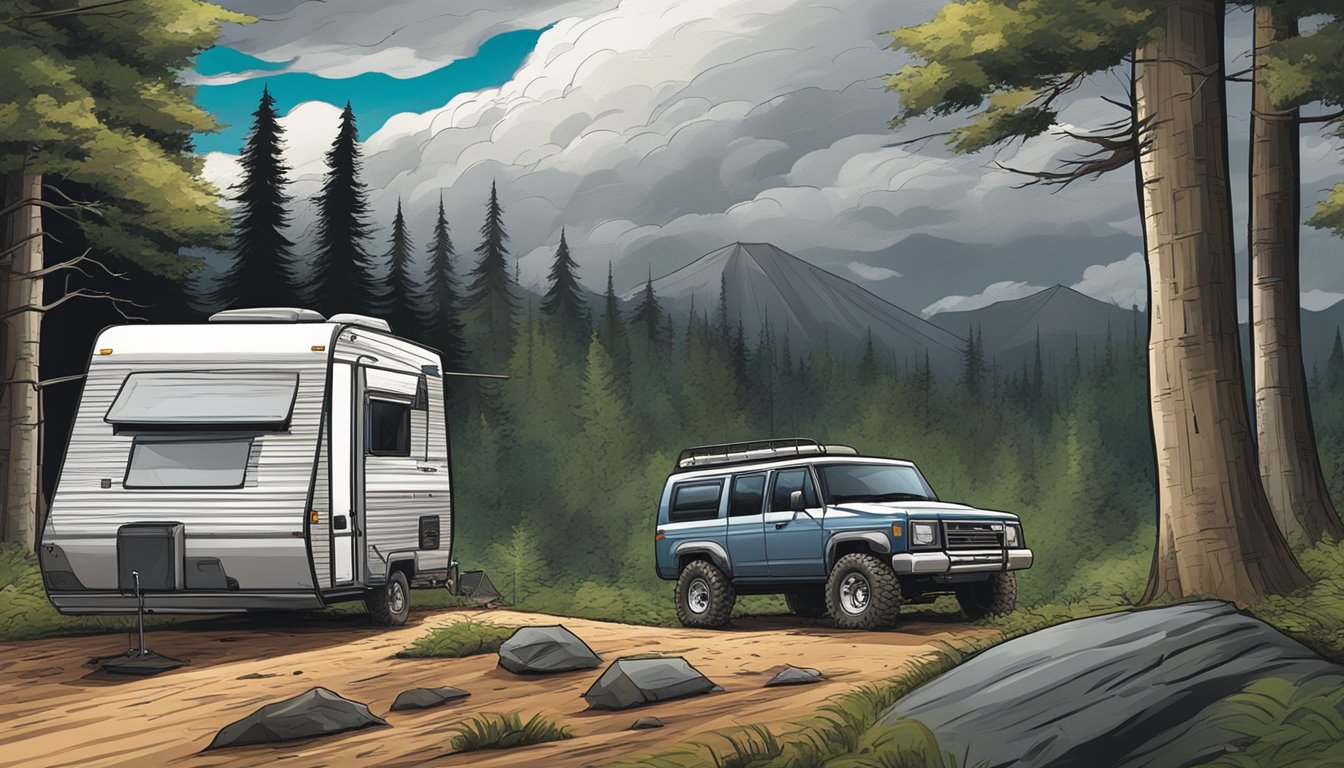 A camper drives a rugged off-road vehicle through a forest, with a camper van and tent in the background. Dark clouds loom overhead, indicating an impending storm