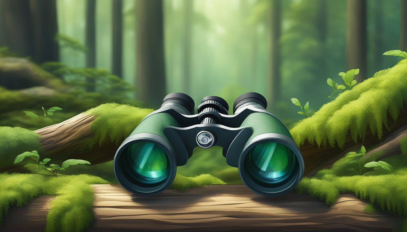 A pair of Porro prism binoculars resting on a mossy log, with the lush greenery of a forest in the background