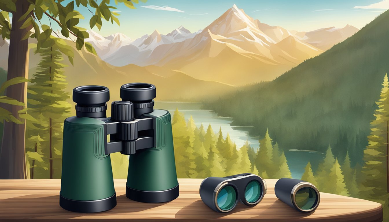 A pair of Porro prism binoculars sits on a camp table, with a scenic view of mountains and trees in the background. The binoculars showcase their optical advantages in the natural setting