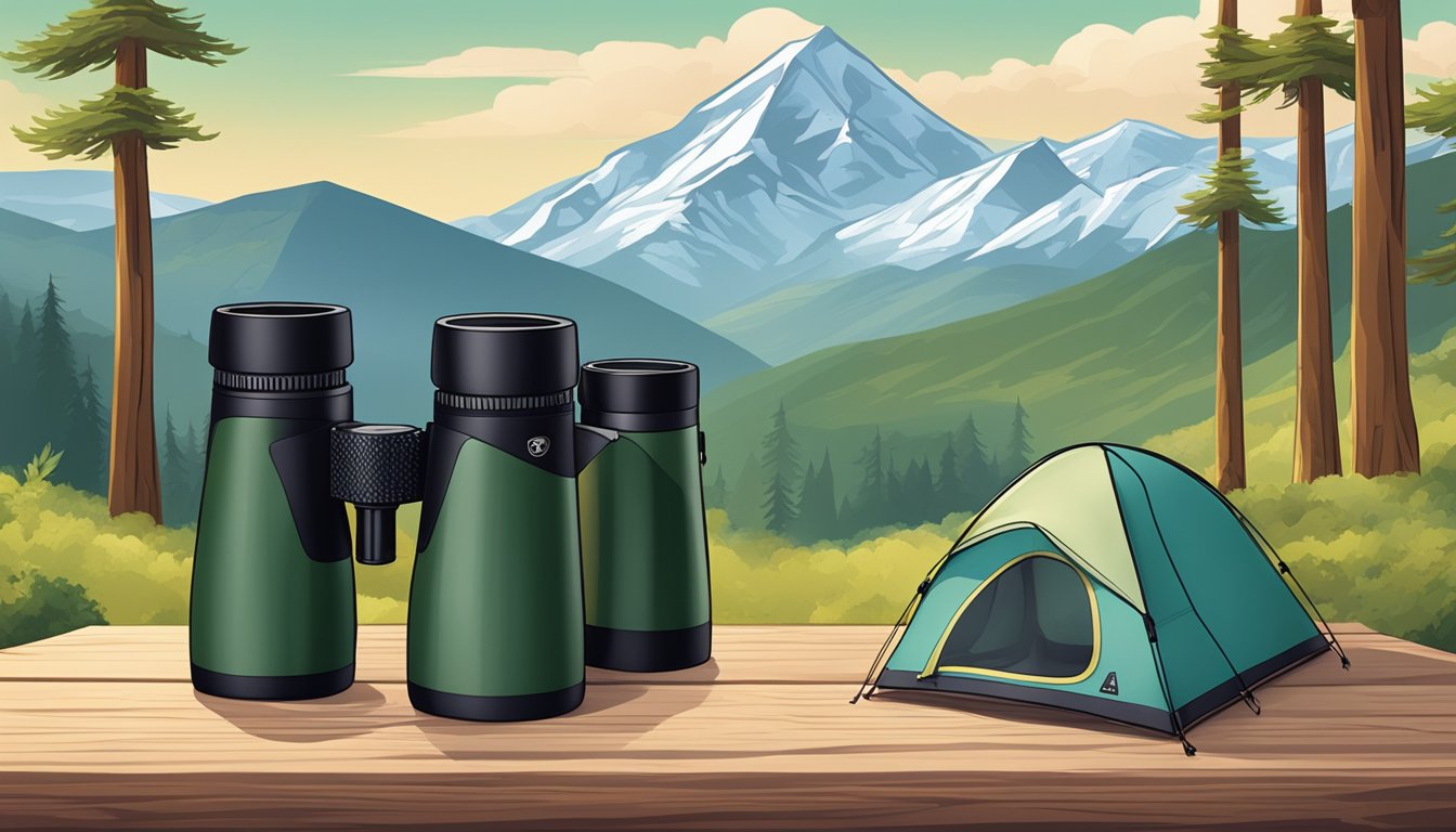 A campsite with rugged terrain and a tent in the background. A pair of Porro prism binoculars placed on a sturdy table, with mountains and trees in the distance