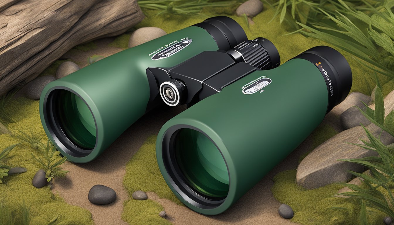 A camper holds a pair of Porro prism binoculars, easily adjusting the focus wheel. The rugged design and wide field of view make them ideal for outdoor adventures