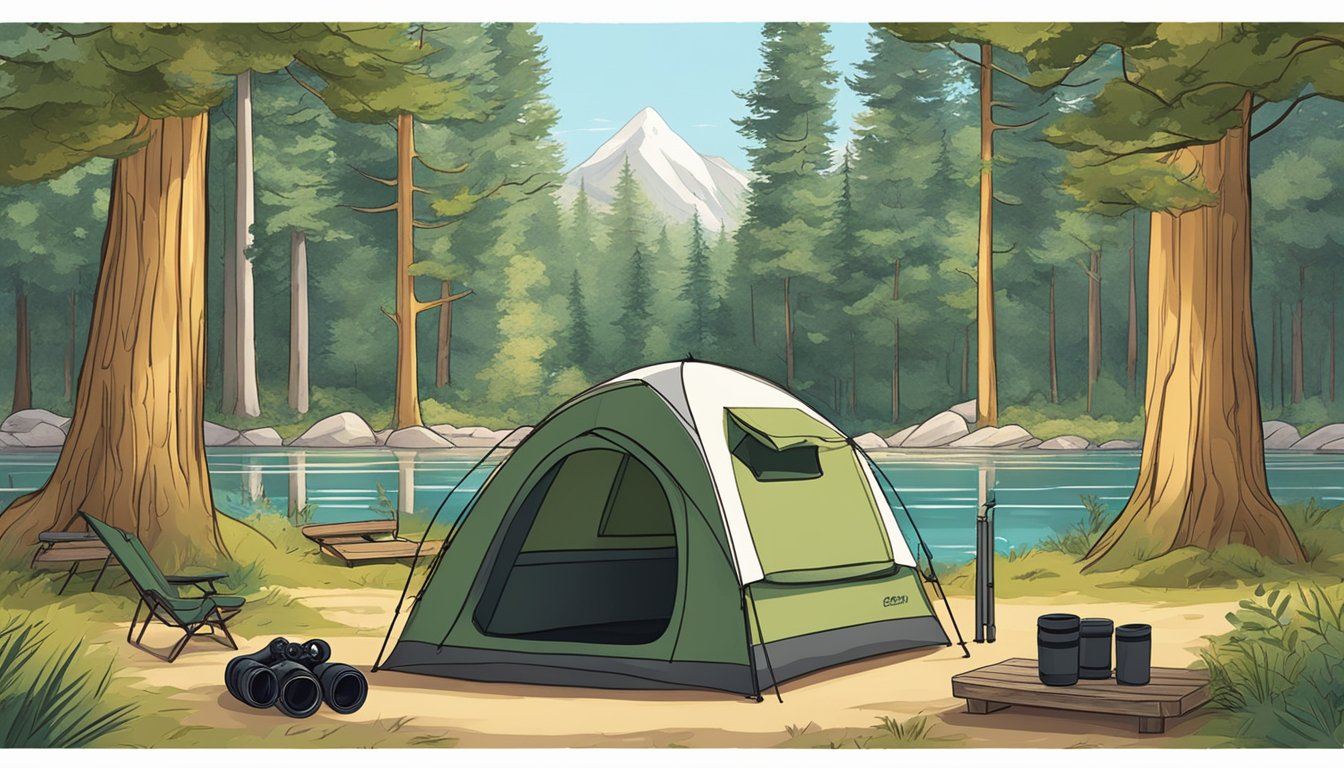 A campsite with binoculars on a table, surrounded by trees and wildlife. The binoculars are Porro prism style, showcasing their durability and superior optical performance for campers