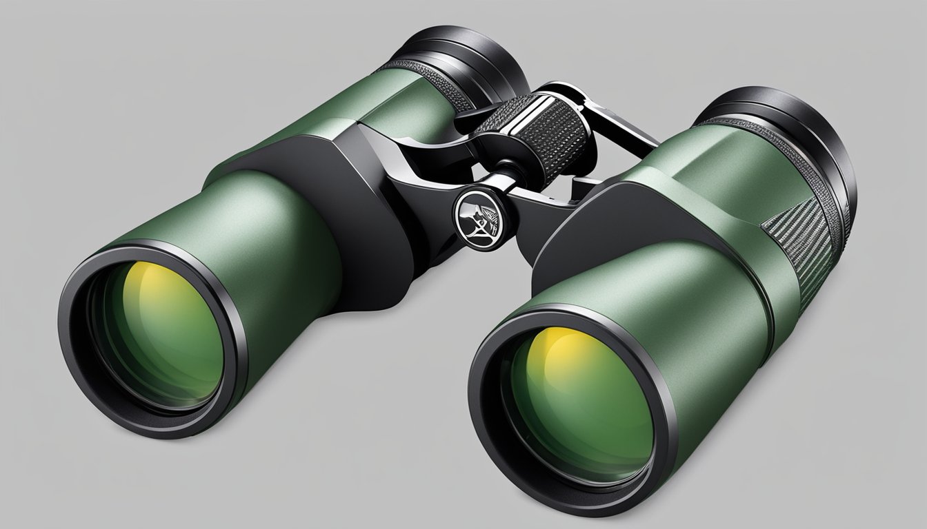 A camper holds Porro prism binoculars, easily adjusting the focus and interpupillary distance. The rubberized exterior provides a secure grip, while the large objective lenses offer a wide field of view