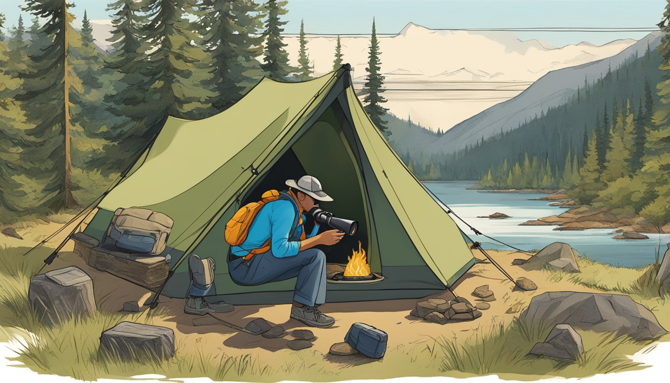 A camper sits by a crackling campfire, using Porro prism binoculars to observe the surrounding wilderness. The binoculars provide a wide field of view, making it easier to spot wildlife and enjoy the natural beauty of the outdoors