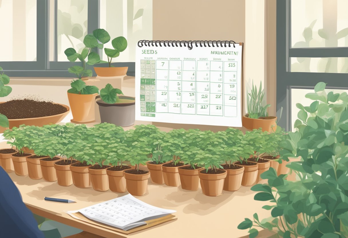 Seeds being planted in small pots indoors, with a calendar showing the seasonal planting schedule in the background