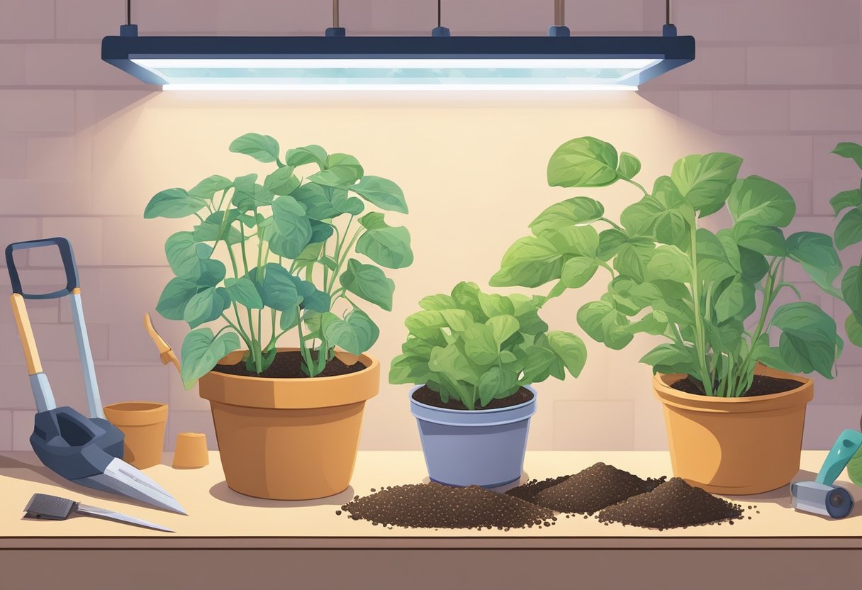 Seeds being planted in small containers indoors under a grow light, with a calendar and gardening tools nearby