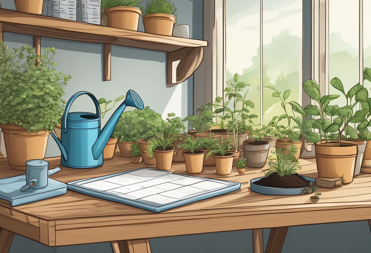 A table with various seed starting supplies: trays, soil, seeds, and watering can. A calendar on the wall indicating the ideal indoor planting season