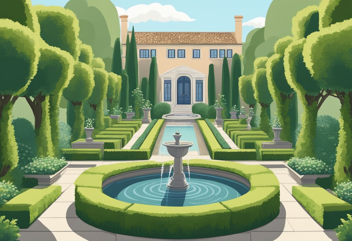 A lush, symmetrical garden with neatly trimmed hedges and a central fountain. Paths wind through the space, leading to hidden alcoves and seating areas