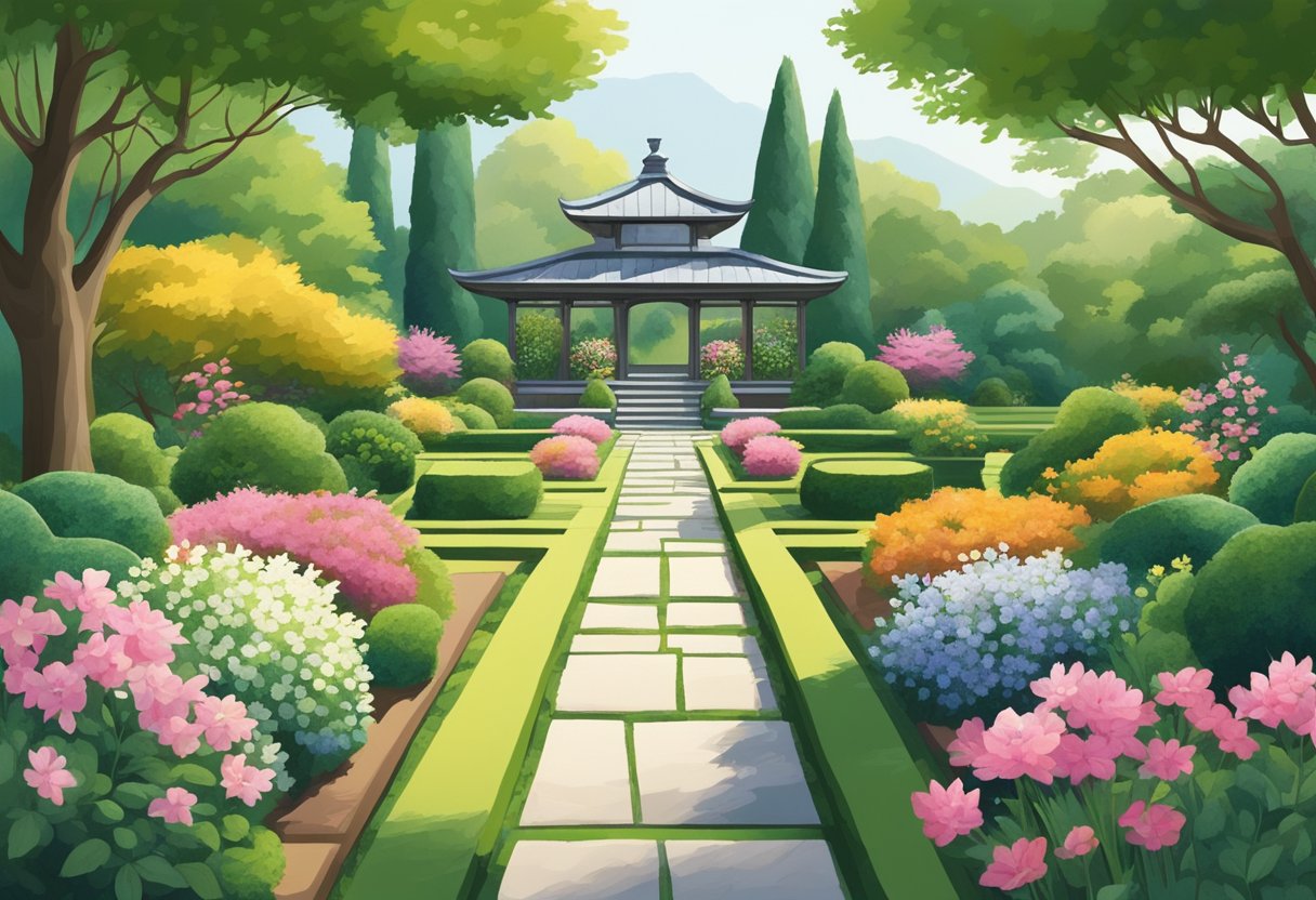 A lush, formal garden with symmetrical hedges and manicured flower beds. A serene Japanese garden with a koi pond and carefully placed rocks. A wild, English cottage garden with an abundance of colorful flowers and meandering paths