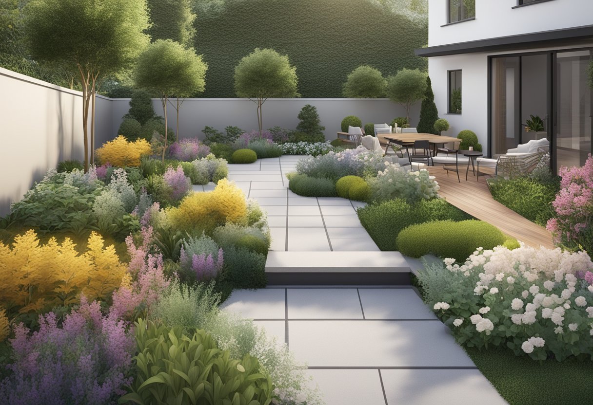 A spacious outdoor area with various design elements such as flower beds, pathways, seating areas, and decorative features. The space is being assessed and explored for different garden styles