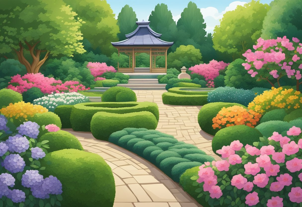 A lush, formal garden with neatly trimmed hedges and symmetrical plantings. A serene Japanese garden with a tranquil pond and carefully placed rocks. A vibrant cottage garden overflowing with colorful flowers and winding paths