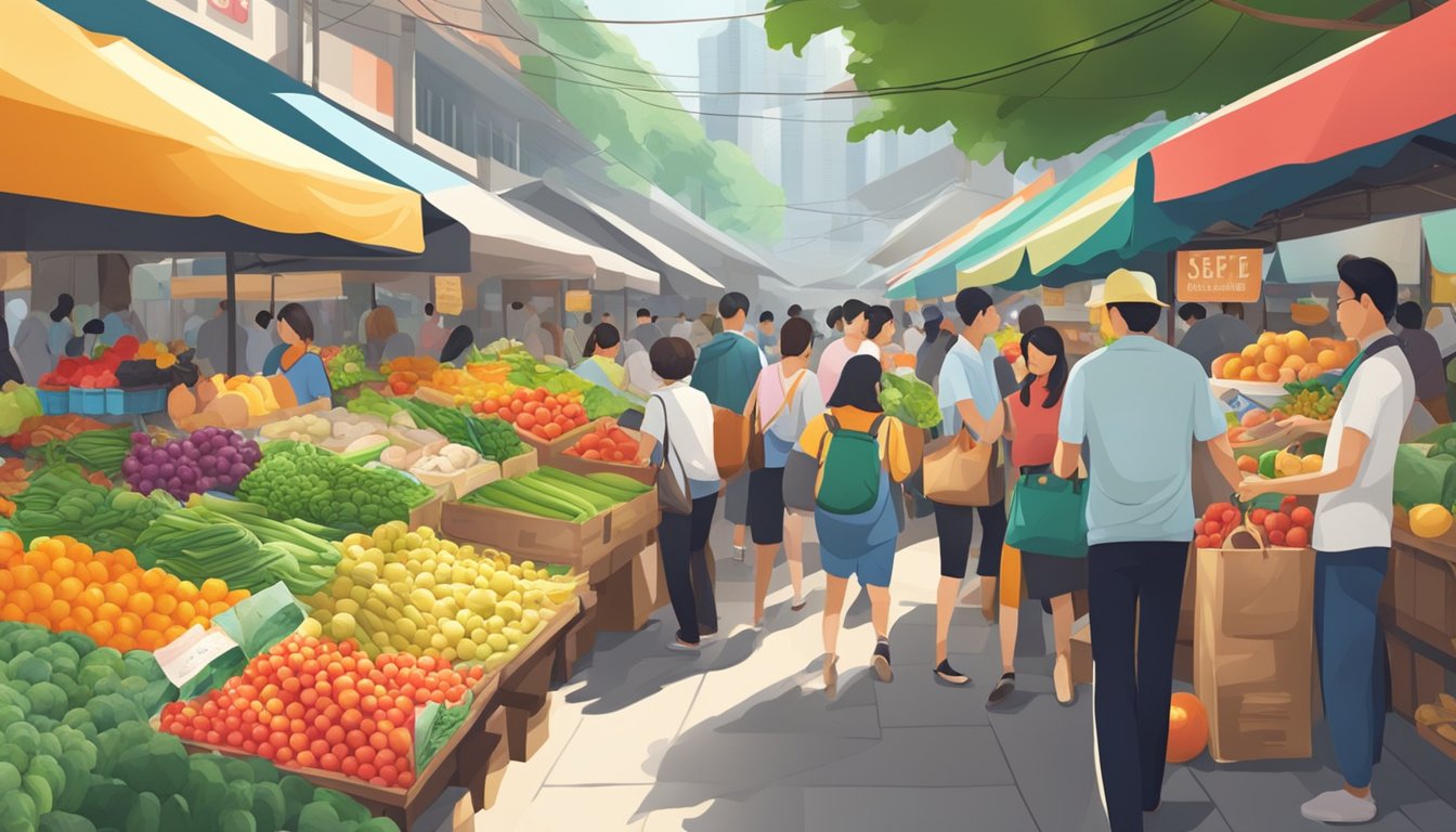 A bustling market with colorful produce and discounted prices in Singapore