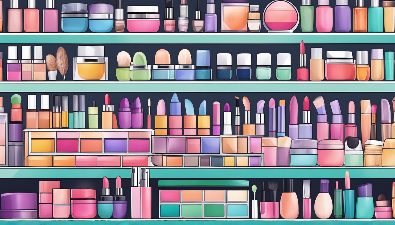 A colorful array of cosmetics displayed on shelves in a modern Singaporean store. Bright lights illuminate the products, showcasing a variety of makeup and skincare items available for purchase