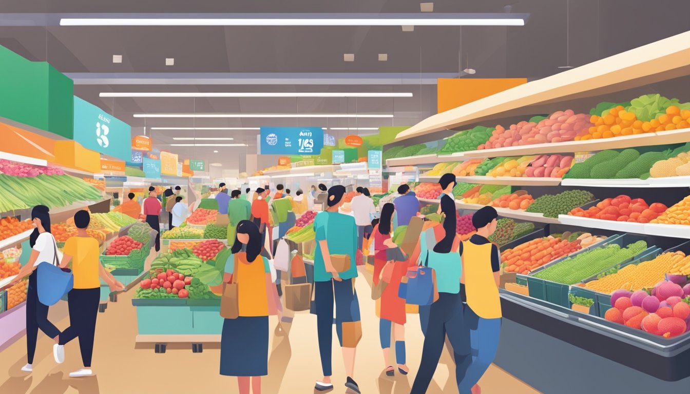 People bustling through vibrant markets, colorful produce stacked high, and aisles filled with a variety of goods at the best grocery shopping destinations in Singapore