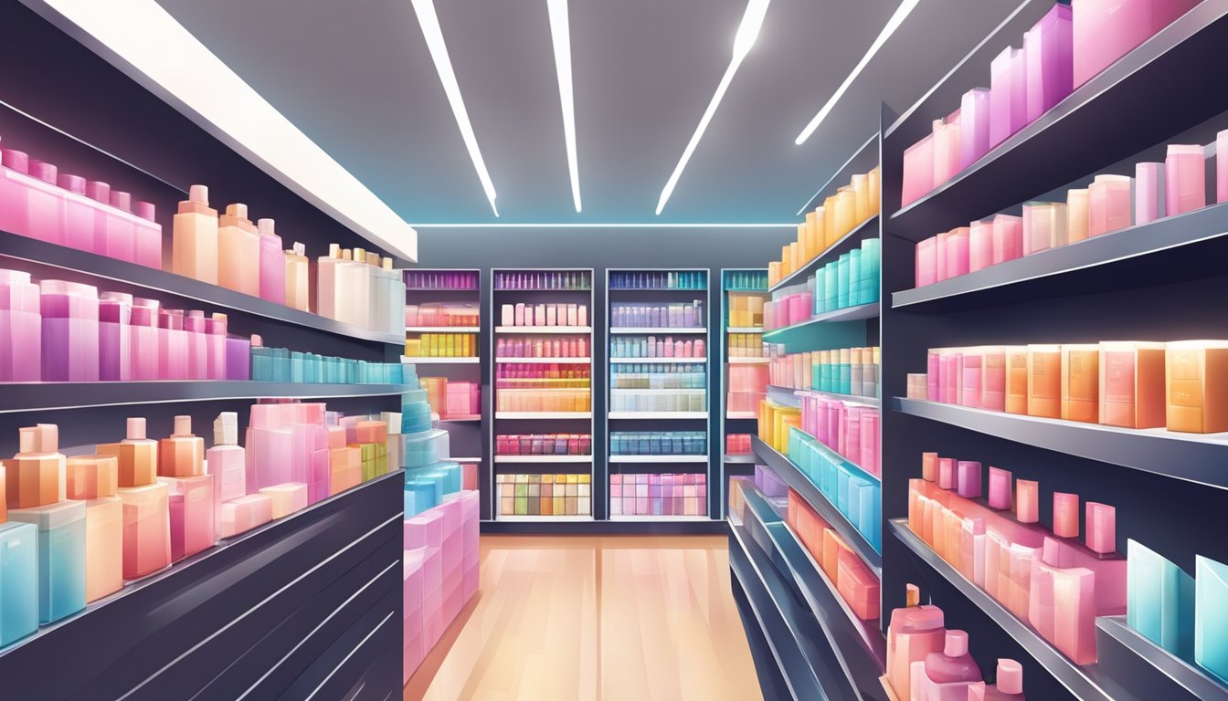 Brightly lit shelves display a wide array of cosmetics in a modern Singaporean store. Various beauty products and vibrant packaging catch the eye