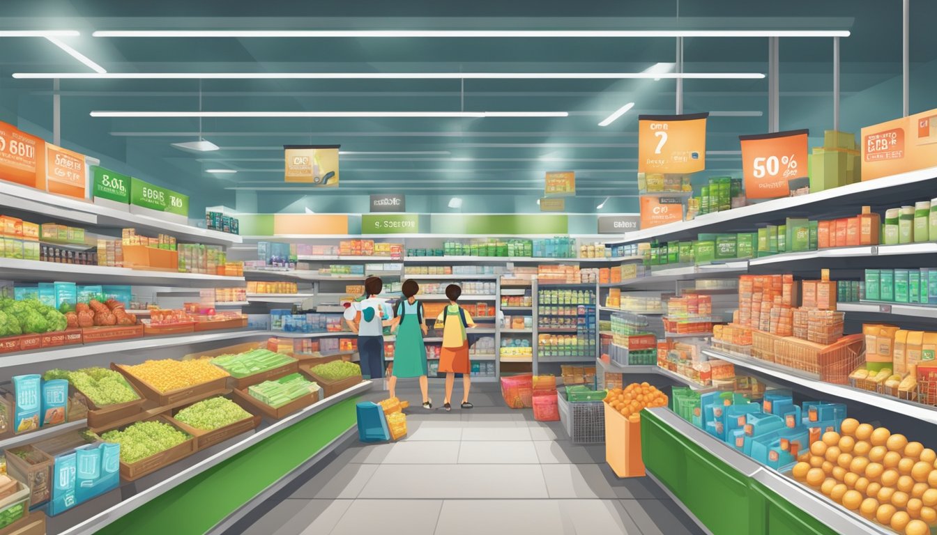 A crowded grocery store in Singapore with shelves full of discounted products and signs advertising the cheapest prices