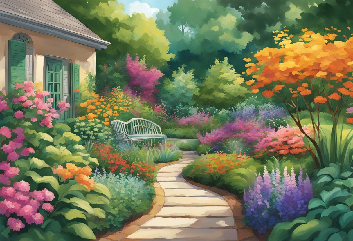 A lush garden filled with an array of vibrant colors, from the deep greens of the foliage to the bright blooms of flowers, creating a visually stimulating and emotionally uplifting space