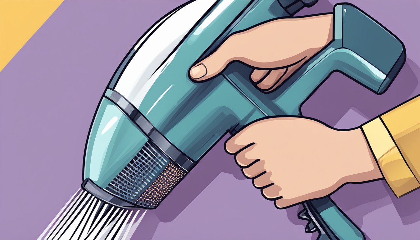 A hand reaches for a Dyson hair dryer on a sleek online shopping website. The product is displayed with a buy now button