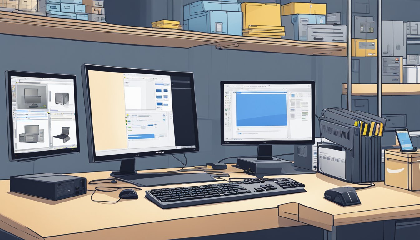 A CyberpowerPC computer sits on a desk in a Best Buy store, surrounded by shelves of tech products