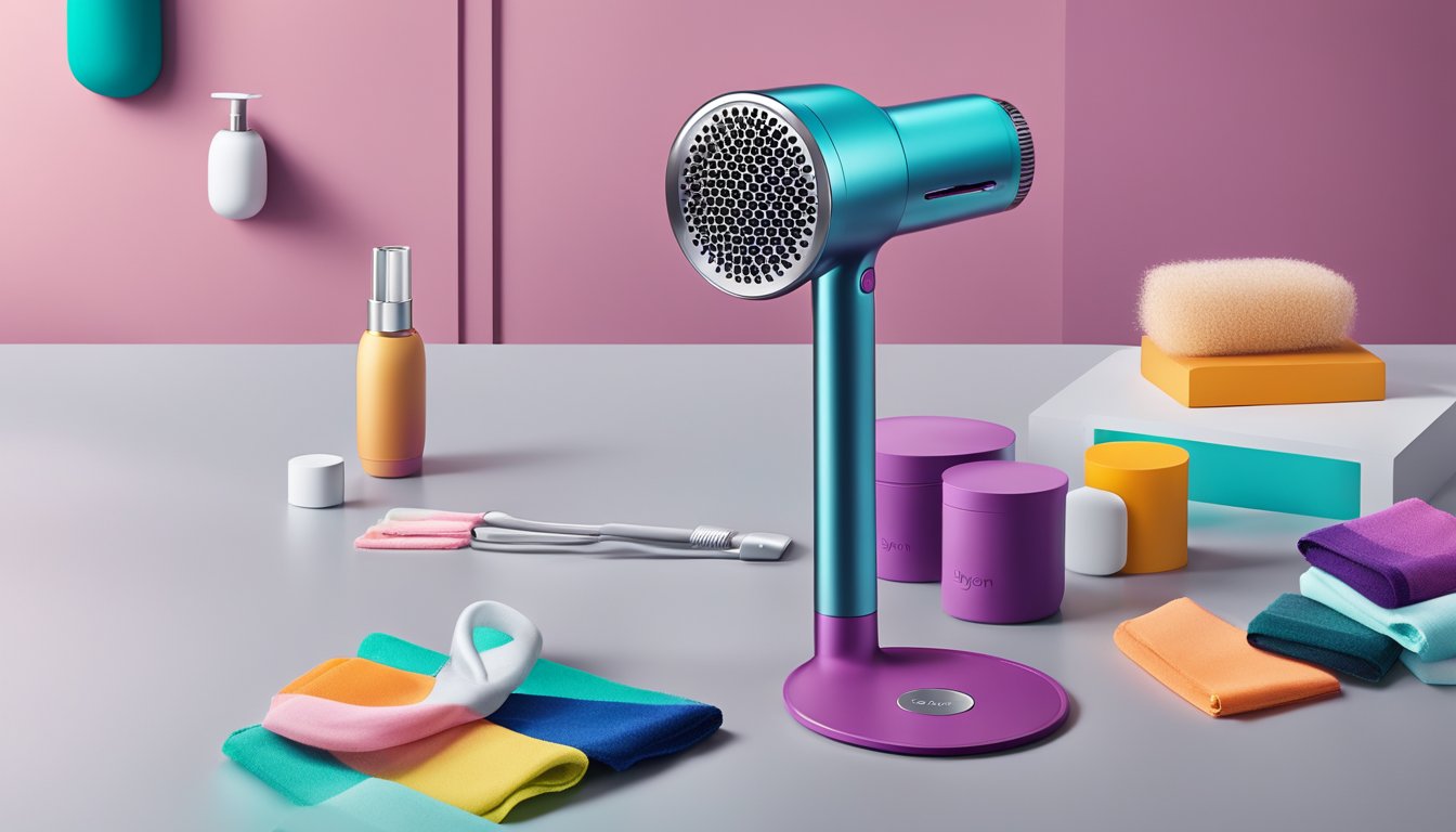 A sleek Dyson Supersonic™ hair dryer sits on a clean, modern countertop, surrounded by hair care products. The dryer's streamlined design and vibrant color stand out, ready to be used
