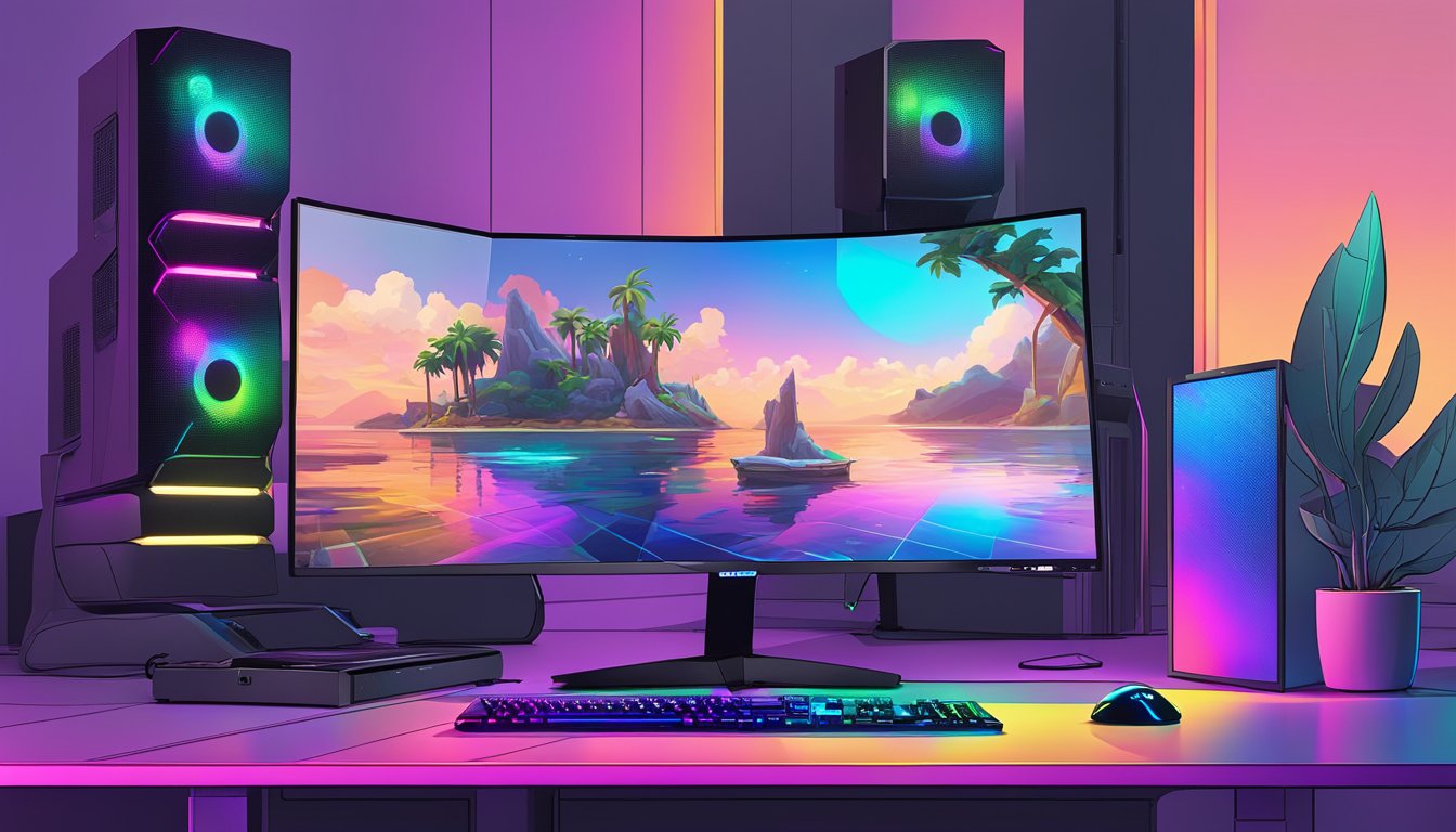 A CyberpowerPC Gaming PC sits on a sleek desk, surrounded by colorful LED lights. The monitor displays a high-action game, while the keyboard and mouse are ready for action
