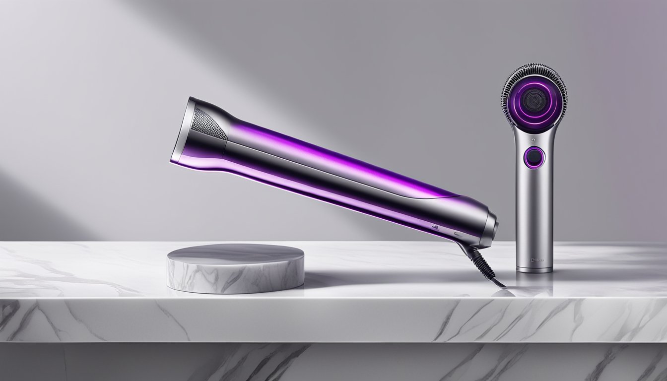 A sleek and modern Dyson hair dryer sits on a marble countertop, with a soft glow illuminating its advanced technology and benefits