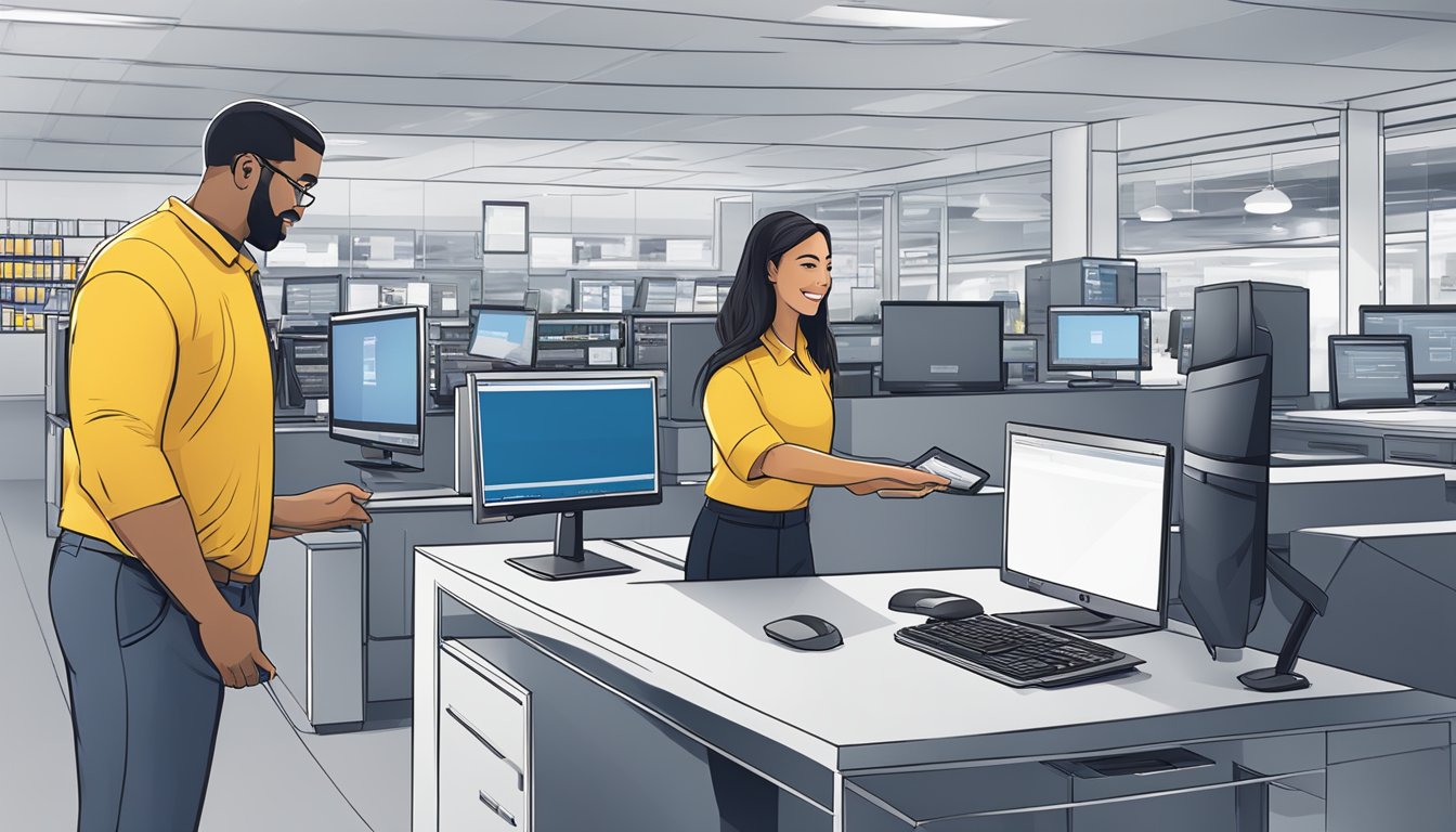 A customer enters cyberpowerpc best buy, selects a computer, and provides shipping details to the sales associate