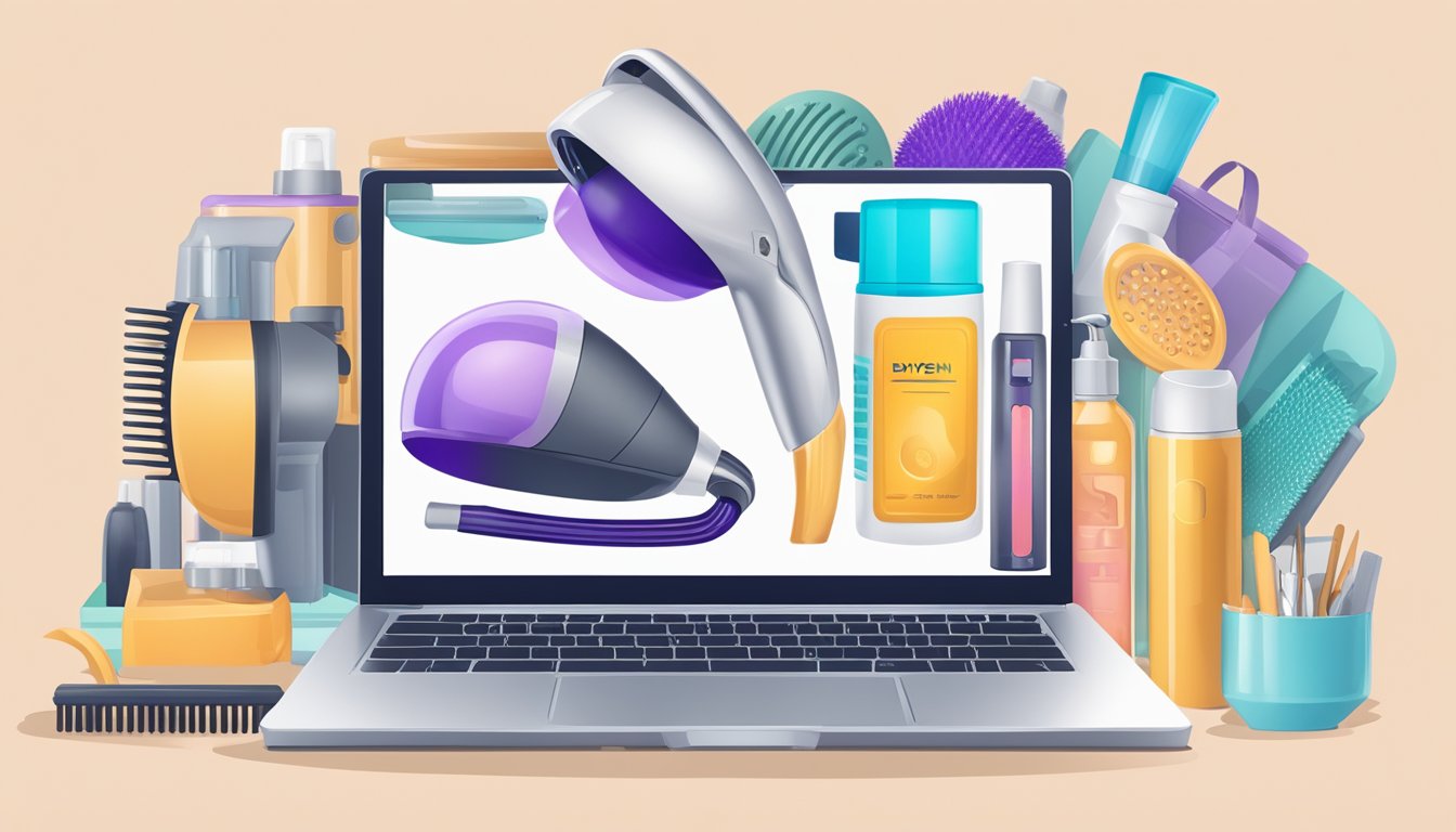 A laptop with a search bar displaying "dyson hair dryer buy online" surrounded by various hair care products and a credit card