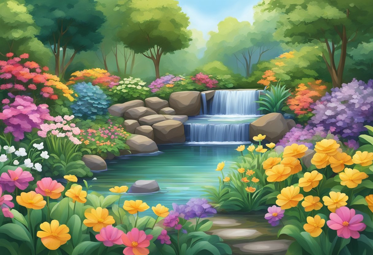 A serene garden with a flowing stream, cascading waterfall, and tranquil pond surrounded by lush greenery and colorful flowers