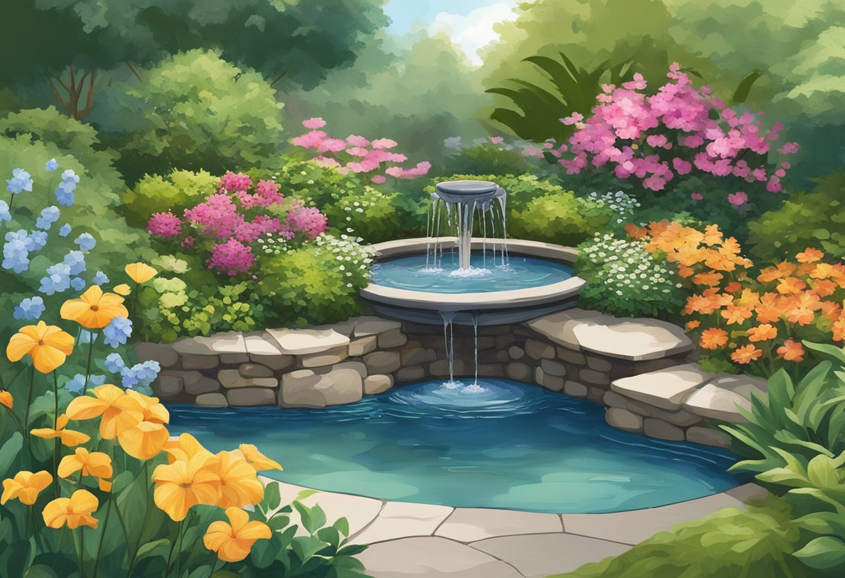 A serene garden layout with a tranquil water feature nestled among vibrant flowers and lush greenery. The water feature is a focal point, adding a sense of tranquility and natural beauty to the garden design