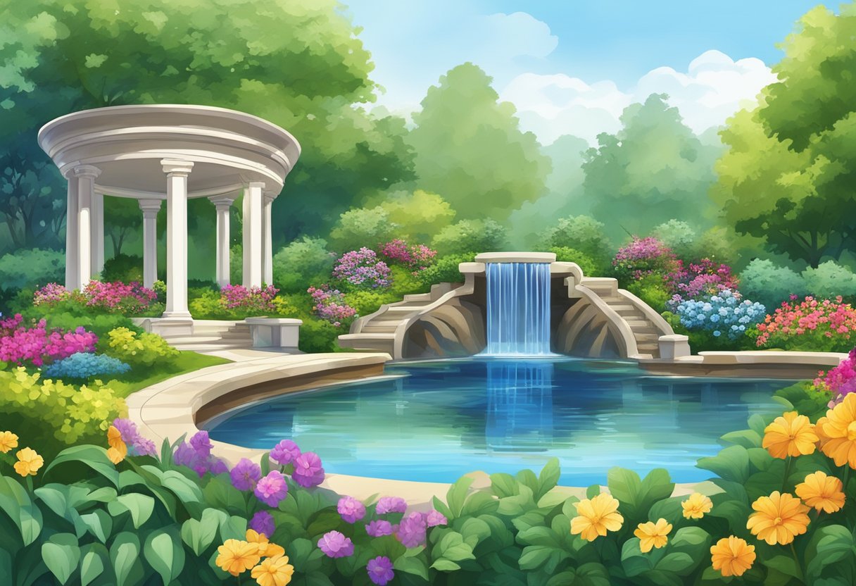 A serene garden with a variety of water features, such as fountains, ponds, and waterfalls, surrounded by lush greenery and colorful flowers