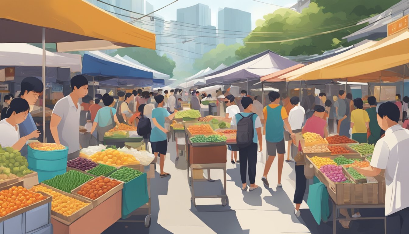 A bustling market in Singapore, with colorful stalls selling various eye patches. Customers browse and haggle with vendors, while the scent of local street food wafts through the air