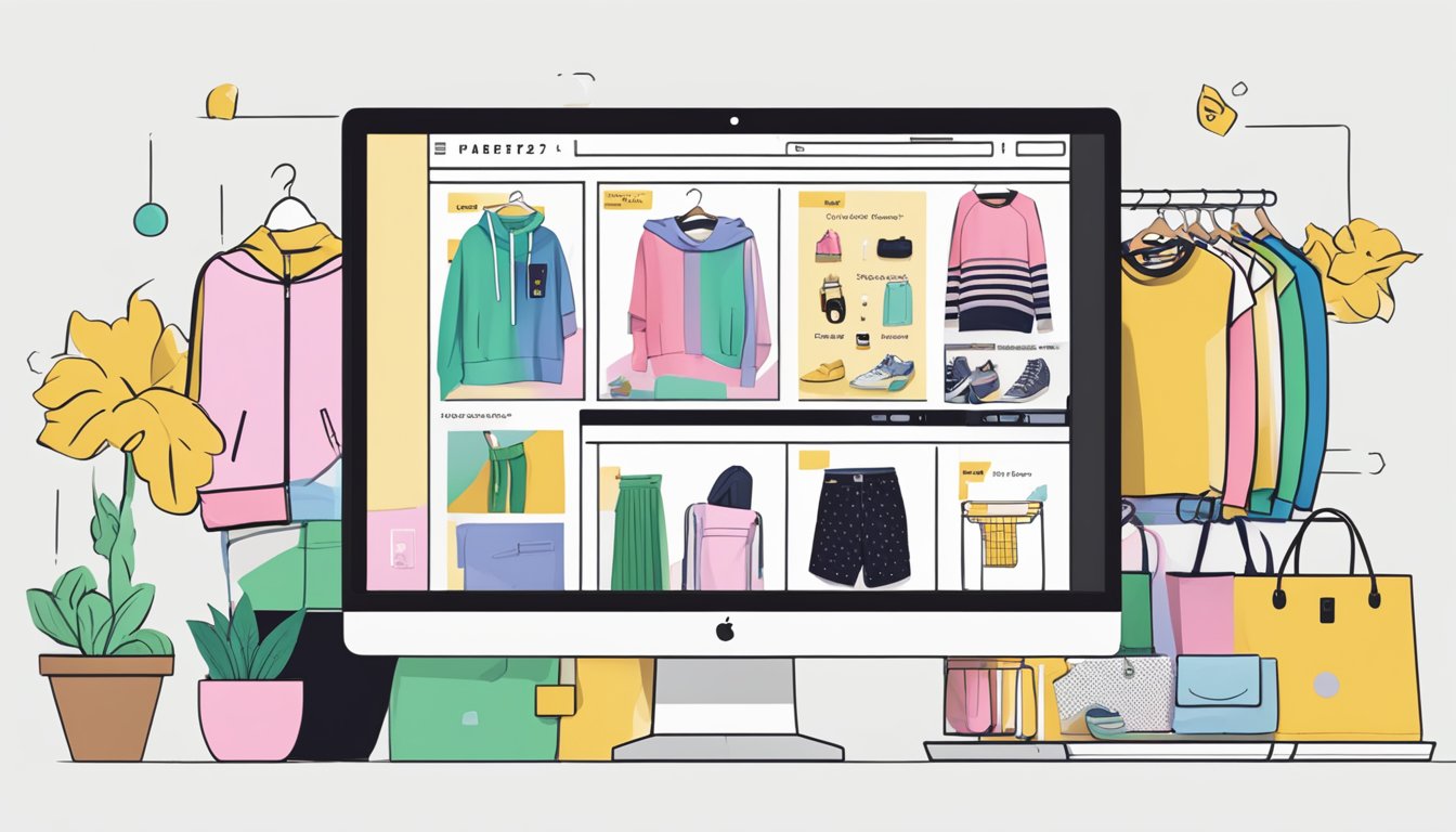 A computer screen displaying the Forever 21 website with various clothing items, a shopping cart icon, and a search bar
