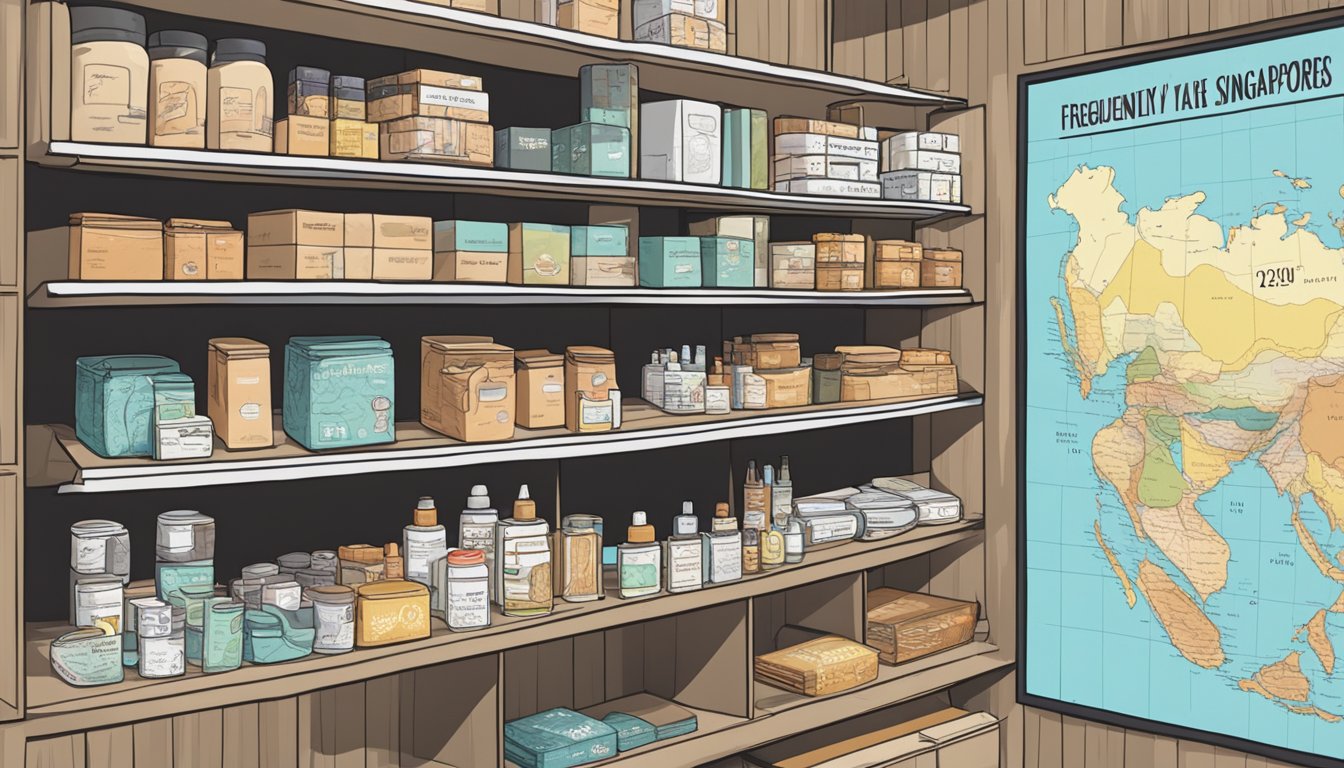 A shelf with various eye patch products, a sign with "Frequently Asked Questions," and a map of Singapore in the background