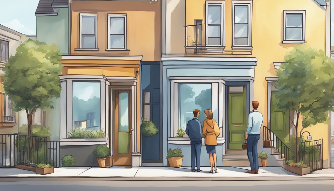 A couple stands outside a modern real estate office, browsing brochures and discussing options. A "For Sale" sign stands in front of a charming townhouse nearby