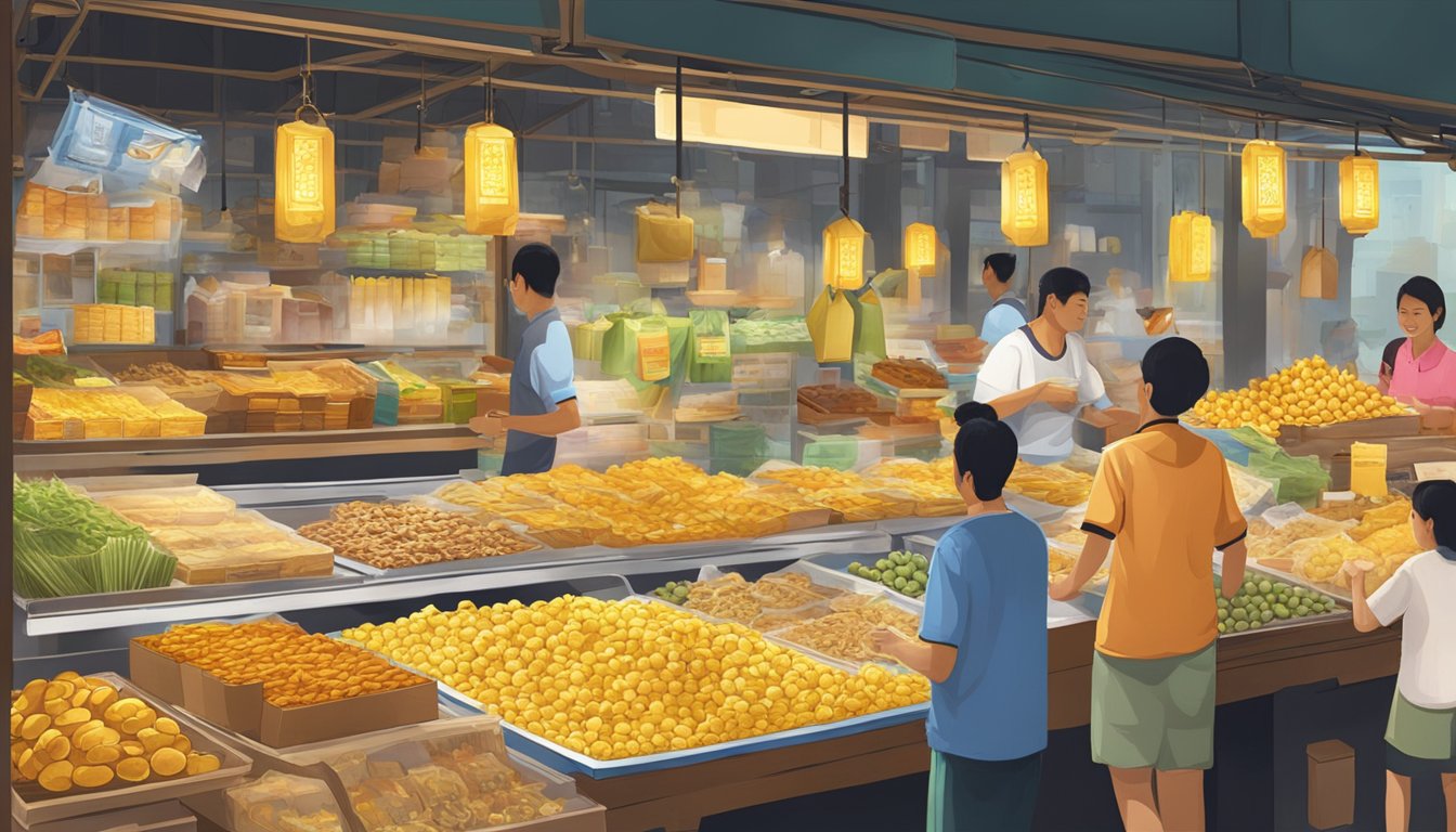 A bustling Singapore market stall showcases Golden Duck snacks for sale