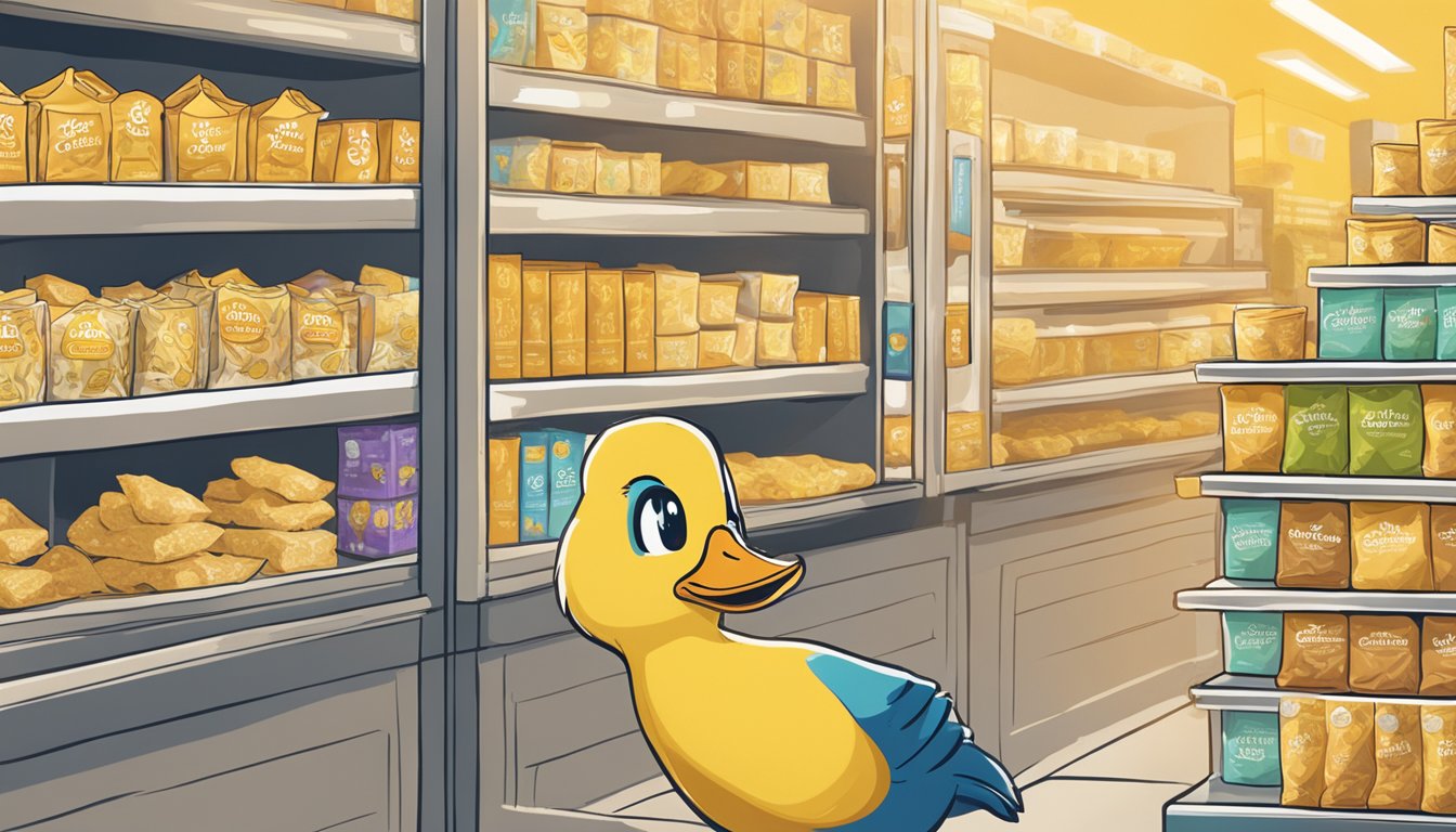 A hand reaches for a bag of Golden Duck snacks on a store shelf. The packaging features a golden duck and the words "Golden Duck Snack" and "Singapore" prominently displayed