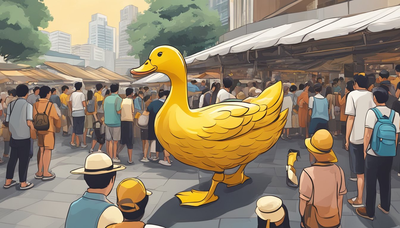 A golden duck statue surrounded by curious onlookers at a bustling marketplace in Singapore
