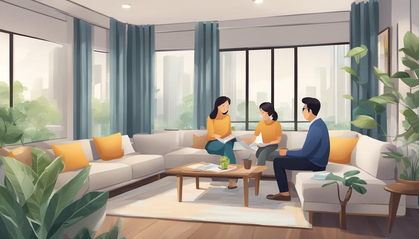 A family browsing through real estate listings and meeting with a realtor in Singapore. They are discussing floor plans and financial options