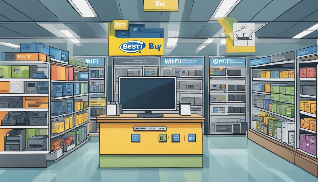 A hand reaches for a Wi-Fi card on a store shelf, surrounded by various PC components. The card is labeled "Best Buy" with a prominent display of its features