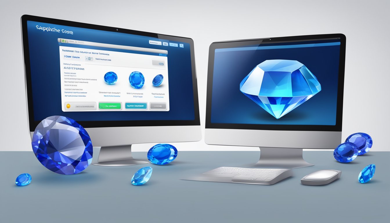 A computer screen displaying a website with a variety of sapphire gemstones available for purchase. The cursor hovers over a vibrant blue sapphire