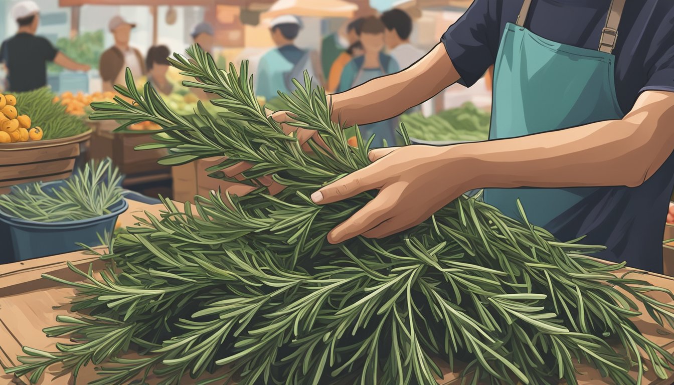 A hand reaching for a bunch of fresh rosemary at a market stall in Singapore