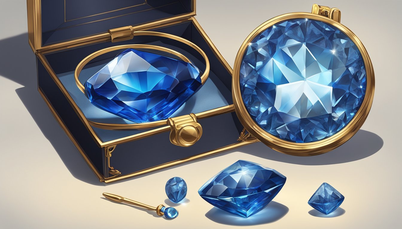 A sparkling sapphire nestled in a velvet-lined box, catching the light and casting a mesmerizing blue glow. A magnifying glass hovers nearby, revealing the stone's intricate facets