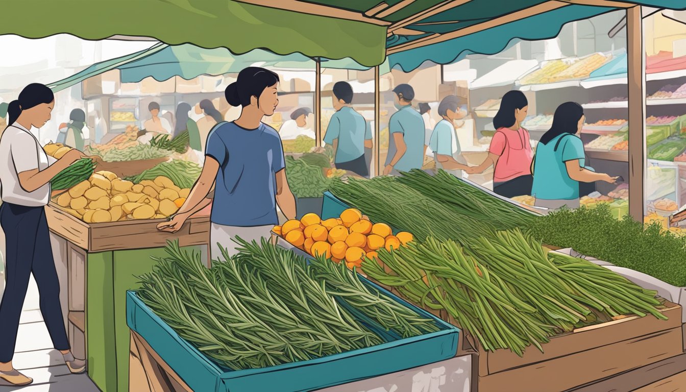 A bustling market stall displays fresh rosemary bundles in Singapore. Shoppers browse the vibrant selection, while a vendor arranges the fragrant herbs