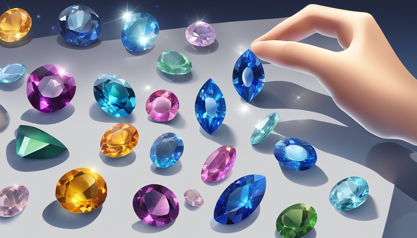 A hand reaches out to select a sparkling sapphire from a display of various gemstones. The light catches the facets, creating a dazzling display of color and brilliance