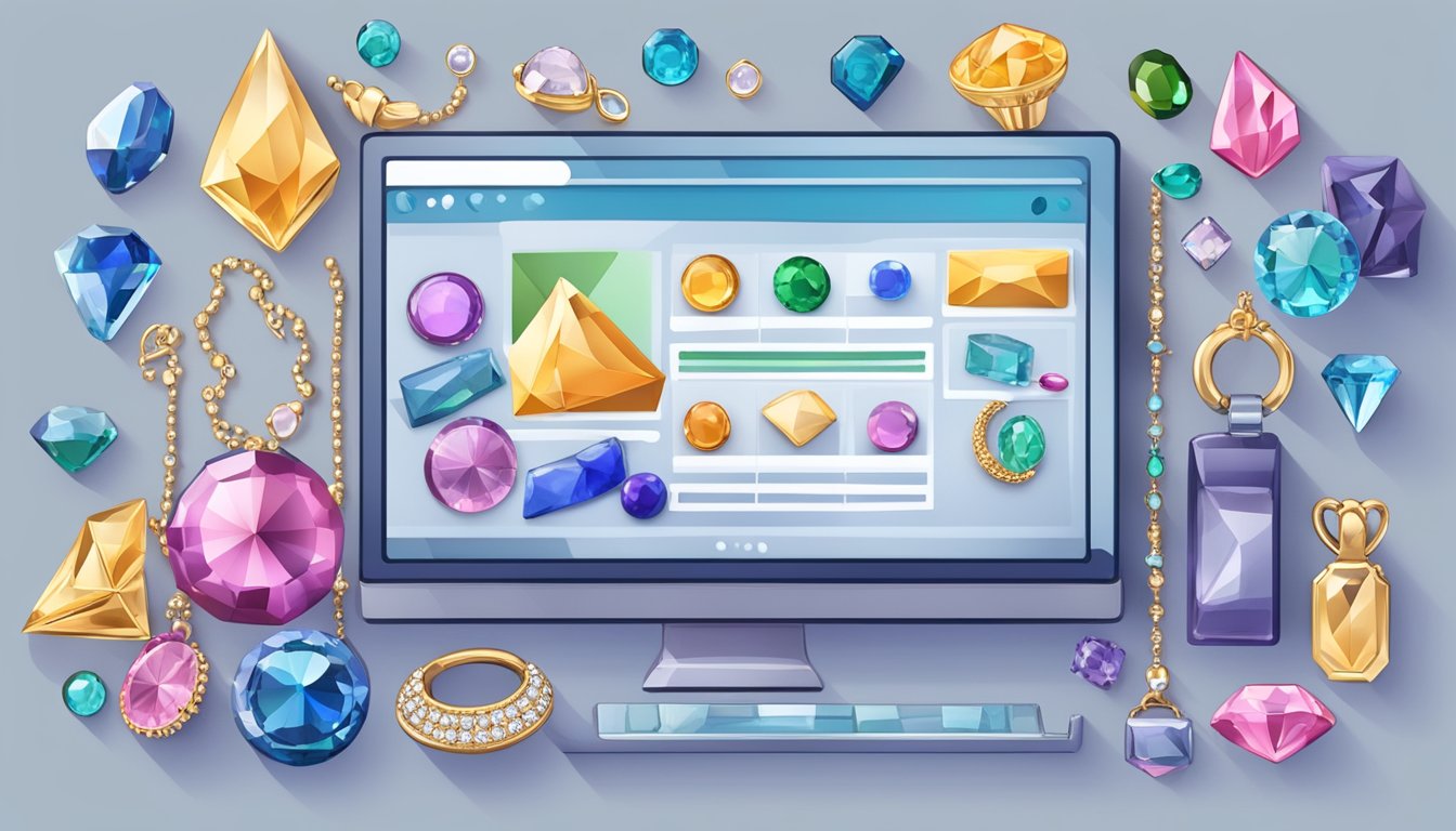 A computer screen displaying a website with the title "Frequently Asked Questions buy sapphire online." The screen is surrounded by various gemstones and jewelry pieces